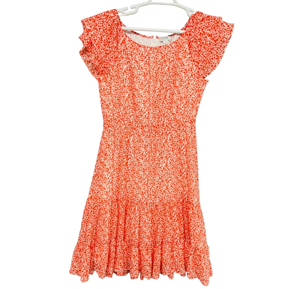 J.Crew Orange White Floral Tiered Flutter Sleeve Mini Dress Womens 6 Scoop Neck‎